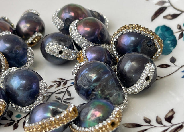 16-20x20-36 mm Large Hole Center Drilled High Quality Peacock Baroque Pearls w/Half Pave Rhinestone CZ Pendant Beads 2.2 mm Hole #P3063
