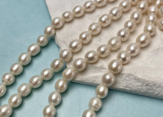 8x9-10 mm AA Half Strand Natural White Long Oval/Rice Genuine Large Hole Freshwater Pearl Hole Size 1.2mm 2.1mm 21-23 Beads #P3194