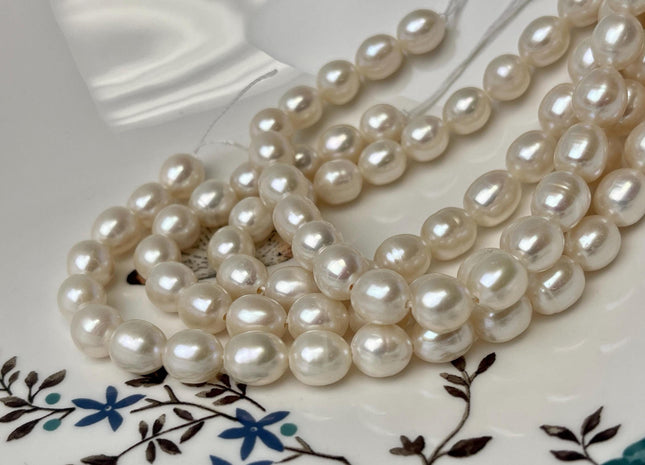 8x9-10 mm AA Half Strand Natural White Long Oval/Rice Genuine Large Hole Freshwater Pearl Hole Size 1.2mm 2.1mm 21-23 Beads #P3194