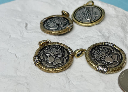 One Piece 22 mm Greek Brass Coin Pendant Findings Antique Greek Design Brass Coin Pendant With CZ DIY Jewelry #CR0078