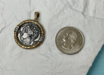 One Piece 22 mm Greek Brass Coin Pendant Findings Antique Greek Design Brass Coin Pendant With CZ DIY Jewelry #CR0078