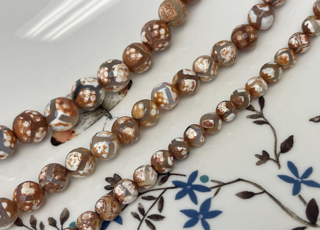 6 mm 8 mm 10 mm AAA DZI Tibetan Agate Faceted Round Multi Brown Color Football Agate Gemstone Loose Beads #2376