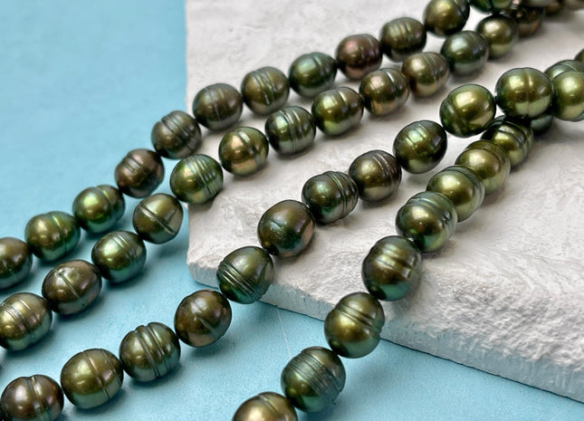 8.5-9x10 mm Dark Forest Green Color Freshwater Rice/Oval Pearls Genuine Dark Forest Green Rice/Oval Freshwater Pearls #P3203