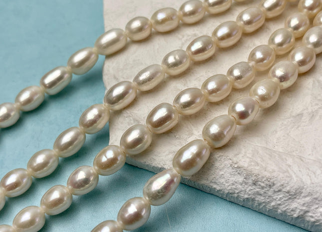 8x9-10 mm AA Half Strand Natural White Long Oval/Rice Genuine Large Hole Freshwater Pearl Hole Size 2.1mm 18-19 Beads #P3204