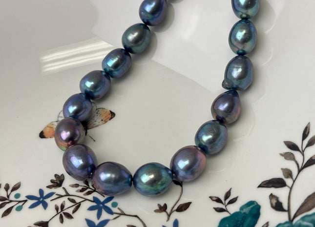 11.5-12x15 mm AA Blue Rainbow Peacock Color Teardrop Oval/Rice Freshwater Pearl Genuine High Quality/Luster Peacock Long Oval Pearl #P3222