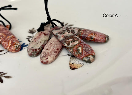 One Pair 12x45 mm Natural Pink Leopard Skin Jasper Top Drilled Teardrop Cabochon Long Teardrop Matching Pink Gemstone Earring Pendant #3356