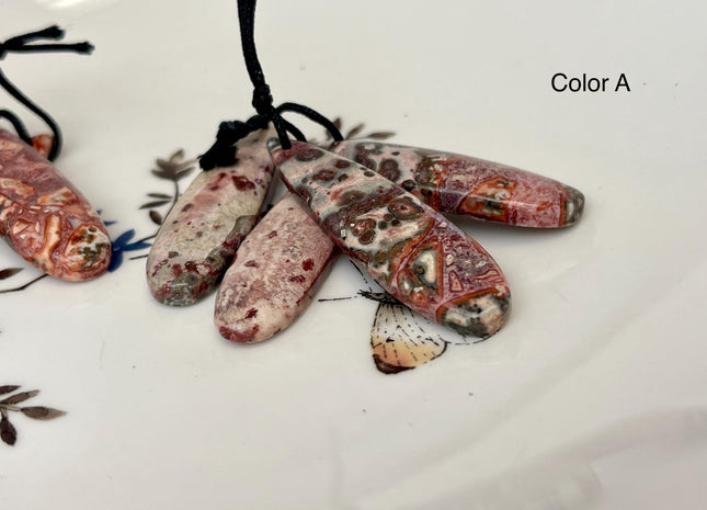One Pair 12x45 mm Natural Pink Leopard Skin Jasper Top Drilled Teardrop Cabochon Long Teardrop Matching Pink Gemstone Earring Pendant #3356