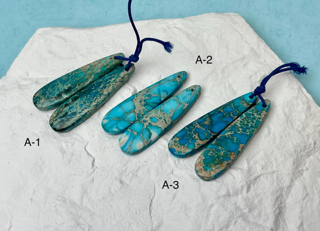 One Pair 12x45 mm Natural Impression Jasper Gemstone Top Drilled Long Teardrop Cabochon Matching Blue Color Gemstone Earring Pendant #3357