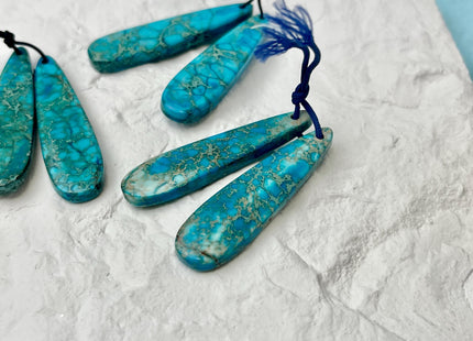 One Pair 12x45 mm Natural Impression Jasper Gemstone Top Drilled Long Teardrop Cabochon Matching Blue Color Gemstone Earring Pendant #3357