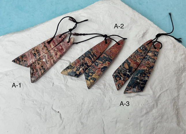 One Pair 12x43 mm Natural Pink Leopard Skin Jasper Top Drilled Freeform Cabochon Long Drop Matching Jasper Gemstone Earring Pendant #3358
