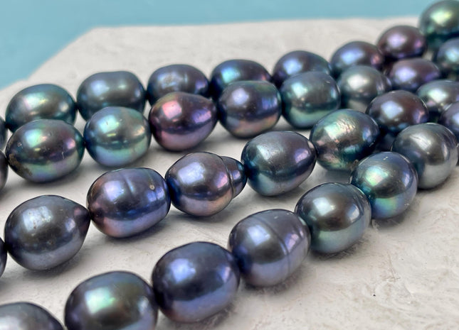 11.5-12x15 mm AA Blue Rainbow Peacock Color Teardrop Oval/Rice Freshwater Pearl Genuine High Quality/Luster Peacock Long Oval Pearl #P3222