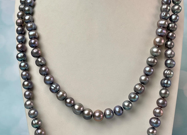 14/16/18/20/22/24 Inches Hand Knotted 8-9 mm Gray Peacock Color Potato Freshwater Pearl Necklace With Silver Clasp #P3083