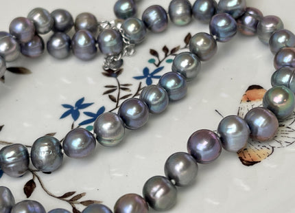 14/16/18/20/22/24 Inches Hand Knotted 8-9 mm Gray Peacock Color Potato Freshwater Pearl Necklace With Silver Clasp #P3083
