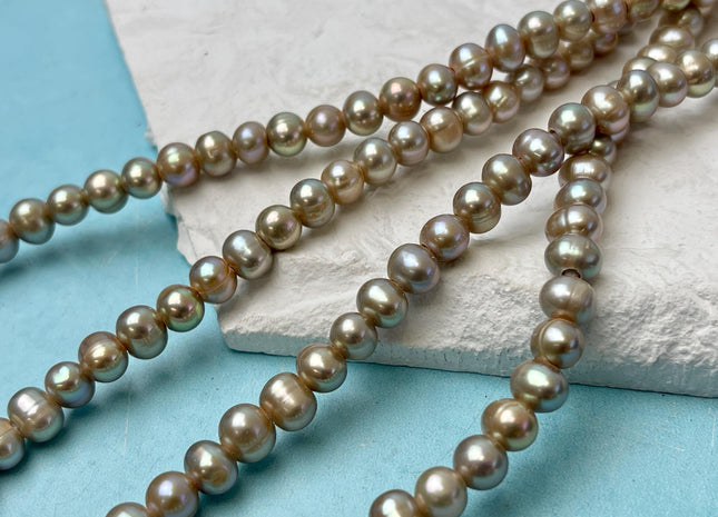 7-8 mm AA Large Hole Full Strand Green Champagne Color Potato High Luster Freshwater Pearl Hole Size 2.1mm 60 Beads #P3242
