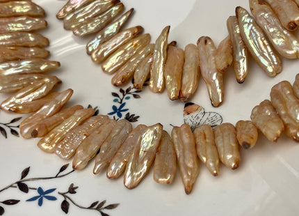 7-8x27-32 mm Champagne Brown Biwa Stick Freshwater Pearl Beads Genuine Cultured Center Drilled Champagne Biwa Pearl Beads #P3072