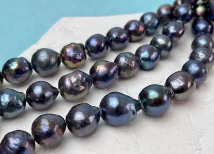 11-13.5 mm Half Strand Large Hole Dark Blue Peacock Color Baroque Pearl Beads Hole Size 2.2 mm Genuine High Luster Baroque Pearls #P3087