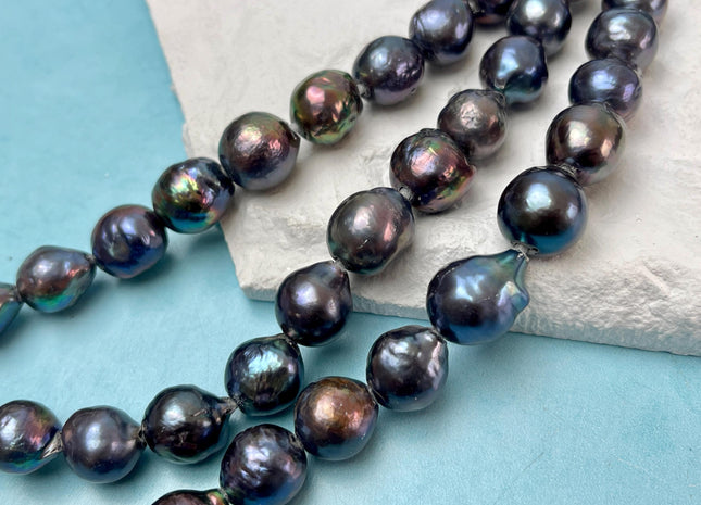 11-13.5 mm Half Strand Large Hole Dark Blue Peacock Color Baroque Pearl Beads Hole Size 2.2 mm Genuine High Luster Baroque Pearls #P3087