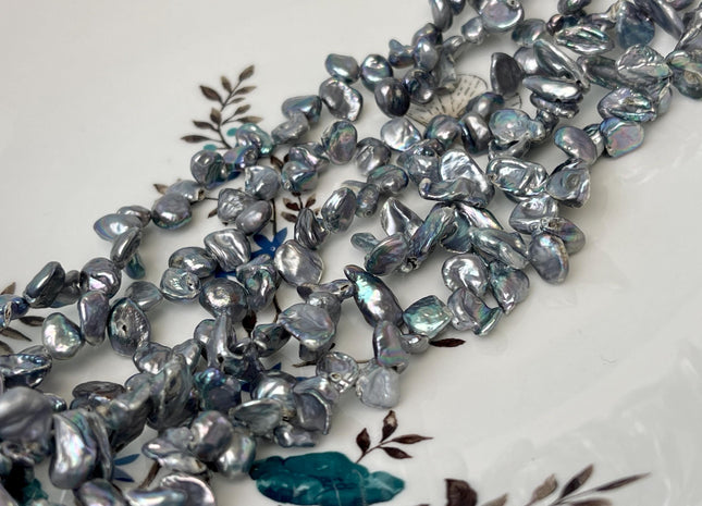 6-7x8-9 mm Dark Gray Keshi Freshwater Pearl Beads Top Drilled Gray Keshi Pearls Dancing Silver Pearl Beads #P3121