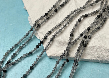 2-2.5 mm Faceted Round Tiny Black and Gray Mixed Rutilated Quartz Gemstone Beads Genuine Natural Quartz Loose Beads 15.5 Inches Strand #4704