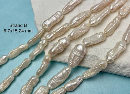 6-9x15-25 mm Half Strand Natural White Biwa Stick Freshwater Pearl Beads Genuine Large Hole 1.5 mm White Color Biwa Stick Pearls #P3102