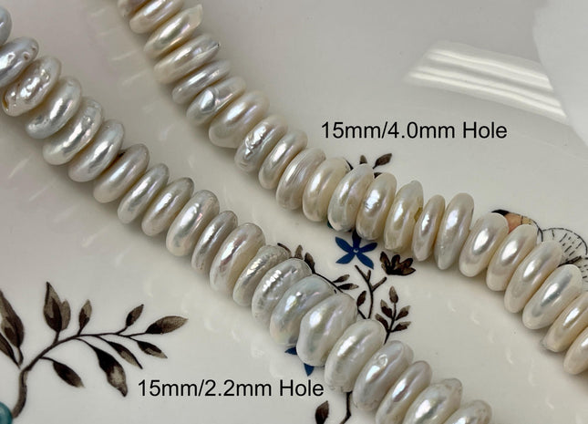 13-16mm Half Strand Large Hole Freshwater Round Coin Center Drilled Pearls Hole Size 2mm 4mm Genuine Freshwater Pearl 38 Beads #177