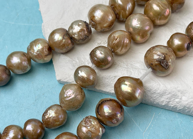 10-15mm Large Hole Gold Champagne Baroque Pearl 2.1mm Hole Rare Edison Pearl Genuine Jumbo Baroque Pearl 30 Beads #P3133