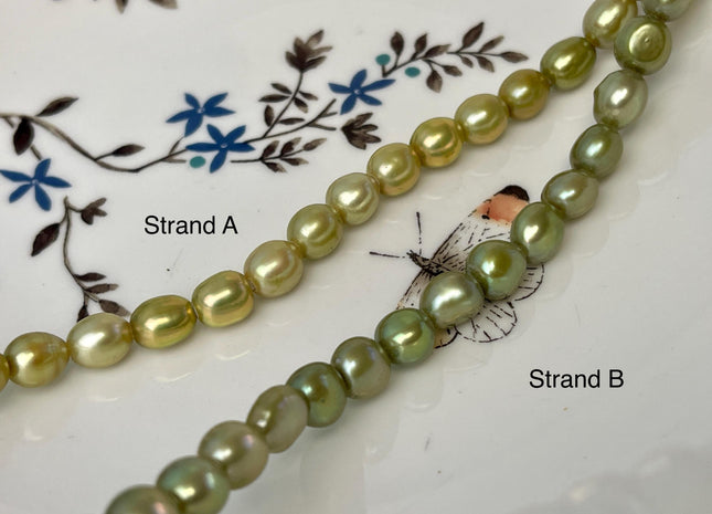 7x8-9 mm AAA Large Hole Green Color Rice Nugget Freshwater Pearls Hole Size 2.1 mm Lustrous Genuine Rice Nugget Pearl Beads #P3118