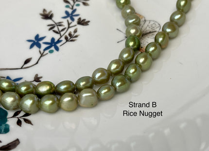 7x8-9 mm AAA Large Hole Green Color Rice Nugget Freshwater Pearls Hole Size 2.1 mm Lustrous Genuine Rice Nugget Pearl Beads #P3118