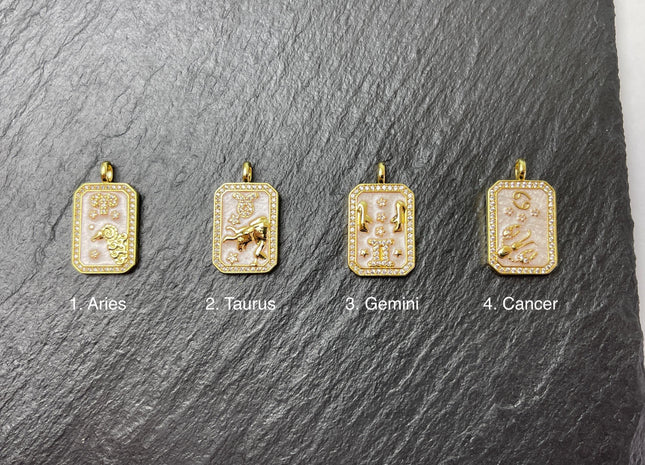 Astrology Zodiac Signs Charms for Necklace, 18K Gold Filled Charm Pendant With CZ, Antique Charms for Jewelry Making, One Piece #CR0079
