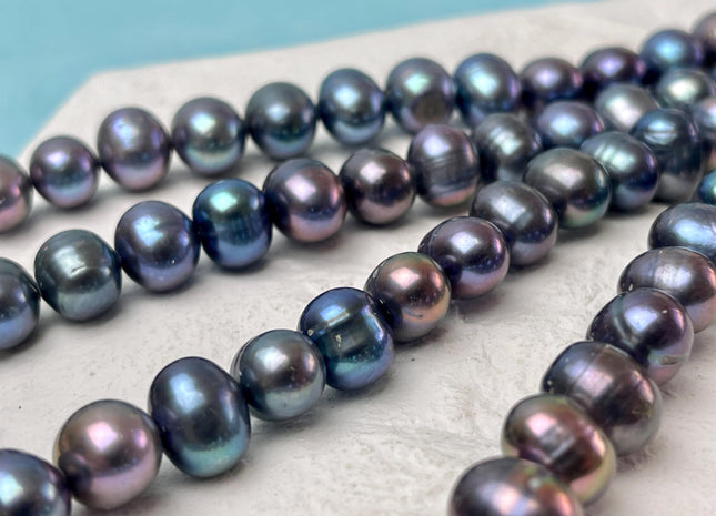 9-10 mm Blue Peacock Potato Freshwater Pearls Genuine Very Rare High Luster Blue Peacock Freshwater Pearls 45 Beads #P3135