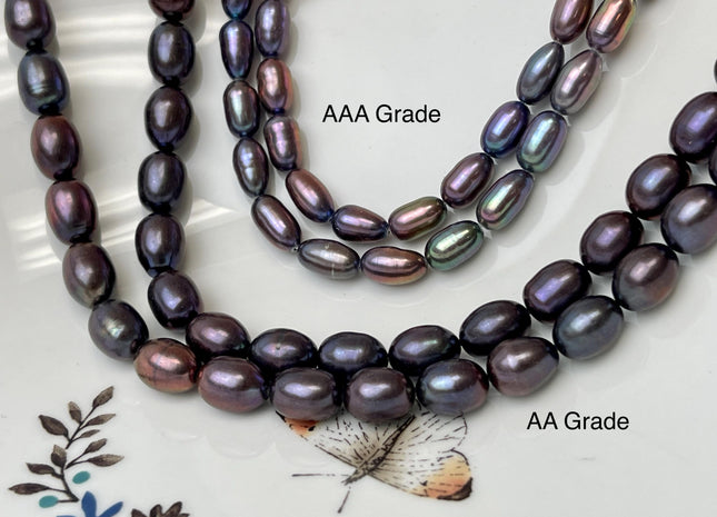 7.5x9 mm OR 7.5x10-11 mm Rice / Oval Freshwater Pearls Dark Purplish Peacock Color Genuine Freshwater Pearl Beads #1114