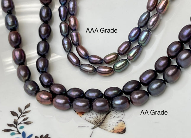 5.5-6x8-9 mm or 7.5-8x10 mm Rice Oval Freshwater Pearls Dark Purplish Metallic Peacock Color Genuine Freshwater Pearl Beads #1114