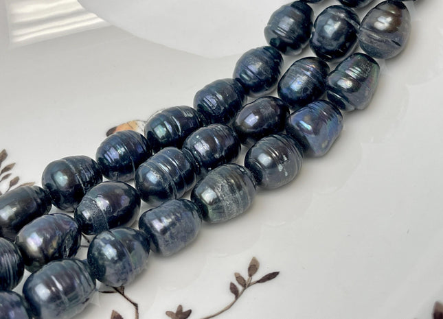11-12x12-15 mm Dark Bluish Black Peacock Color Freshwater Rice/Oval Pearls Genuine High Luster Freshwater Rice Pearl Beads #P3137