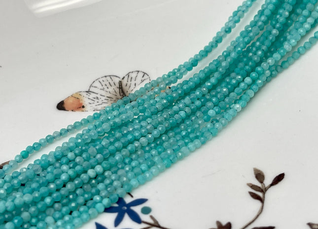 AAA 2 mm Natural Color Peruvian Amazonite Gemstone Beads Sea Blue Green Color Faceted Round Shape Gemstones 15.5 Inches Strands #4715
