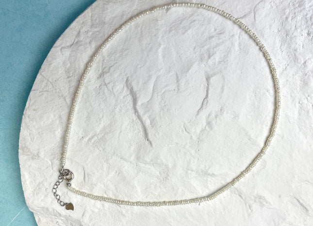 14/15.5 Inches Natural Tiny White Seed Pearl Chocker Necklace W/Silver Clasp Gift For Her #NK0001