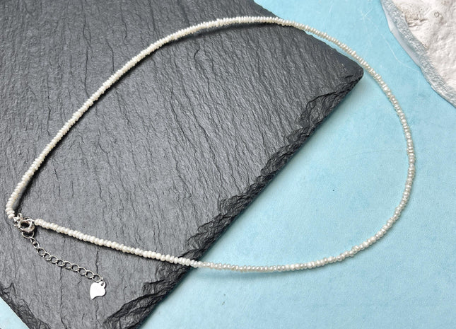 14/15.5 Inches Natural Tiny White Seed Pearl Chocker Necklace W/Silver Clasp Gift For Her #NK0001