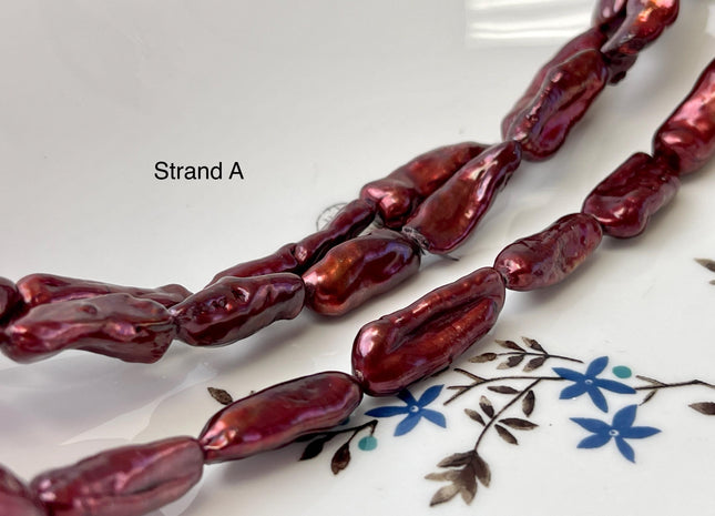 8-12x17-27 mm AA Burgundy Red Color Biwa Stick Freshwater Pearl Beads Genuine High Luster Biwa Stick Freshwater Pearl Beads #P3163