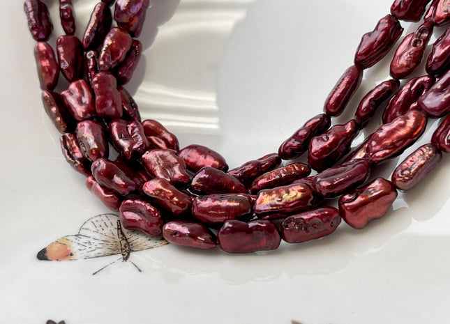 7-8x12-15 mm AA Burgundy Red Color Biwa Stick Freshwater Pearl Beads Genuine High Luster Biwa Stick Freshwater Pearl Beads #P3164