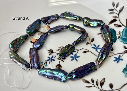 9-13x20-40 mm Rainbow Peacock Color Biwa Stick Freshwater Pearl Beads Genuine Super High Luster Unique Keshi Long Stick Pearl #P3165