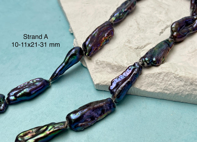 9-13x20-40 mm Rainbow Peacock Color Biwa Stick Freshwater Pearl Beads Genuine Super High Luster Unique Keshi Long Stick Pearl #P3165