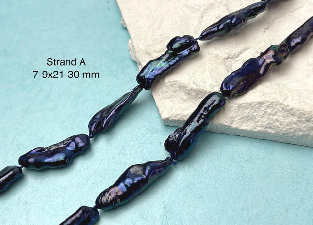 7-12x17-30 mm Dark Bluish Purple Color Biwa Stick Freshwater Pearl Beads Genuine Super High Luster Unique Keshi Long Biwa Stick Pearl #P3169