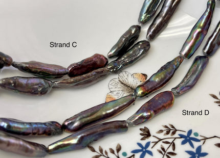 8-10x21-39 mm Rainbow Peacock Color Biwa Stick Freshwater Pearl Beads Genuine Super High Luster Unique Keshi Long Stick Pearl #P3170