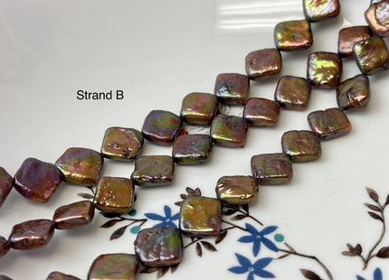 11-12 mm Brown Peacock W/ Iridescent Green Color Diamond Square Coin Shape Freshwater Pearl Beads Genuine High Luster Coin Pearl Bead #P3171
