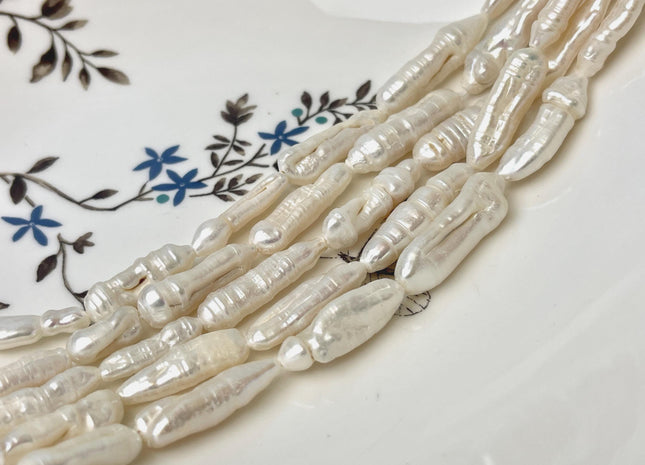 7-9x17-25 mm Half Strand Natural White Biwa Stick Freshwater Pearl Beads Genuine Large Hole 1.2mm 2.1mm White Color Biwa Stick Pearls #P3107