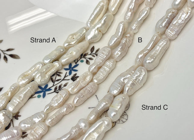 6-9x15-25 mm Half Strand Natural White Biwa Stick Freshwater Pearl Beads Genuine Large Hole 1.5 mm White Color Biwa Stick Pearls #P3102