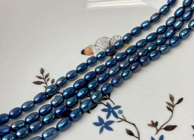 5x7-8 mm AA Electrical Blue Color Oval/Rice Freshwater Pearl Genuine Very Rare High Quality/Luster Peacock Long Oval Pearl #P3183