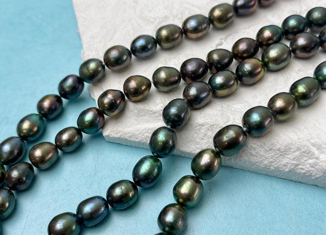 8-8.5x10 mm Dark Green Peacock Color Freshwater Pearls Rice/Oval Shape Pearl Beads Genuine Large Rice Freshwater Pearl Beads #P3185