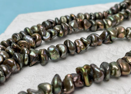 8-10 mm AA Dark Green Peacock Color Keshi Freshwater Pearl Beads Genuine High Luster Center Drilled Rondelle Disc Pearl Beads #P3187