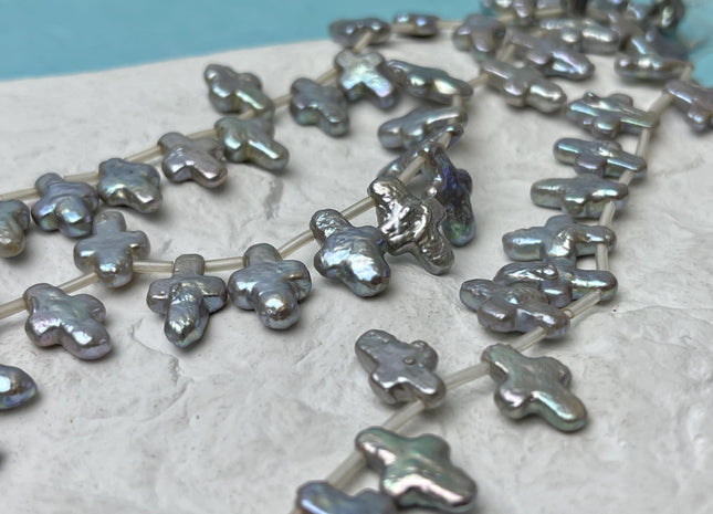 5 Pieces 7-8x13-14 mm High Luster Top Drilled Gray Color Cross Coin Freshwater Pearl Genuine Unique Freshwater Pearl Beads #P3190