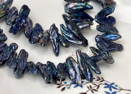 7-10x18-37 mm Dark Blue Peacock Biwa Stick Freshwater Pearl Beads Genuine Cultured Center Drilled Biwa Freshwater Pearl Beads #P3191